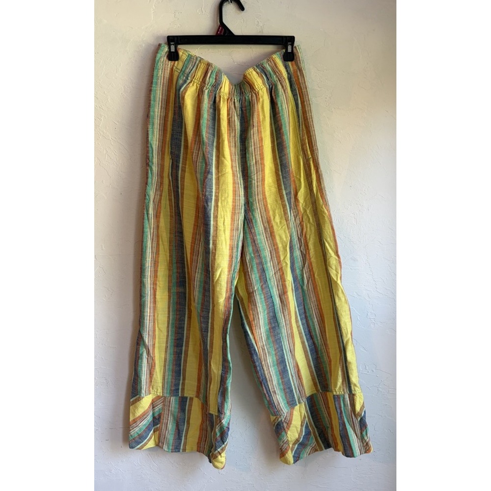 Free People Days End Linen Striped Pull On Pants NWT L Butter Yellow Wide Leg